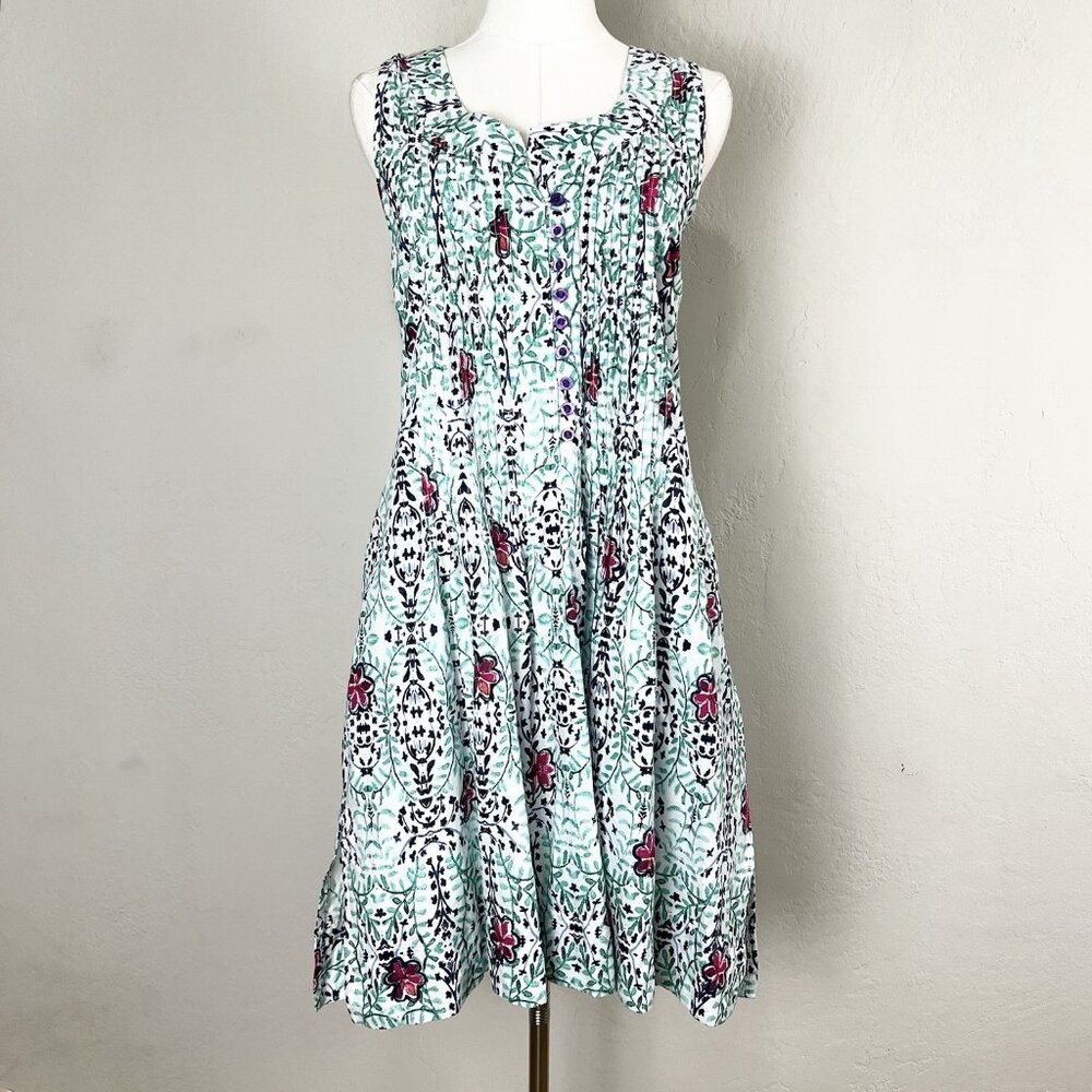 Modaposa Pintuck Sleeveless Cotton Dress Lined Green Floral Resort Size Small